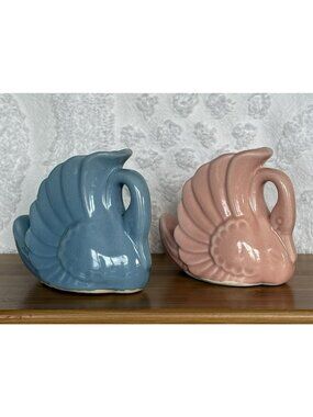 Vintage Swan Planter Vase Set Of Two 1940s 1950s Small Pink Blue